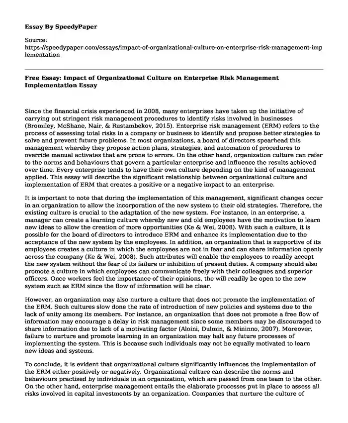 Free Essay: Impact of Organizational Culture on Enterprise Risk Management Implementation