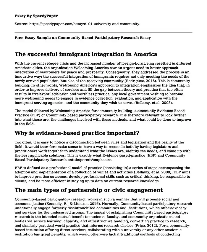 Free Essay Sample on Community-Based Participatory Research