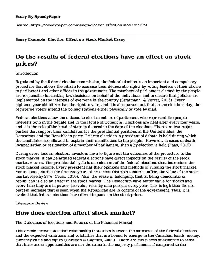 Essay Example: Election Effect on Stock Market