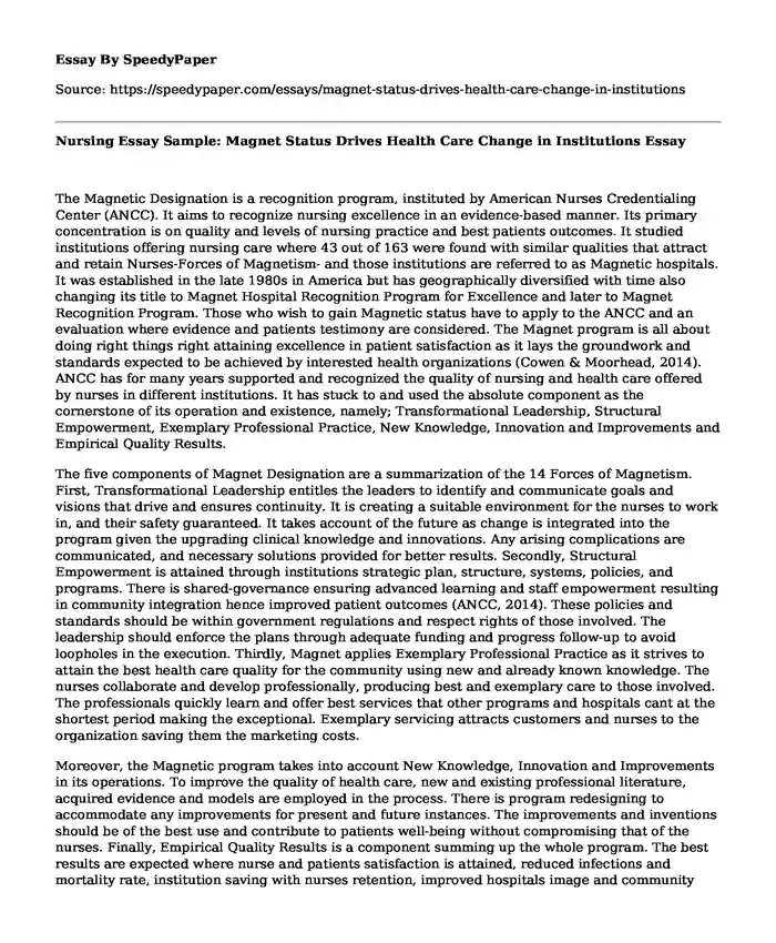 Nursing Essay Sample: Magnet Status Drives Health Care Change in Institutions