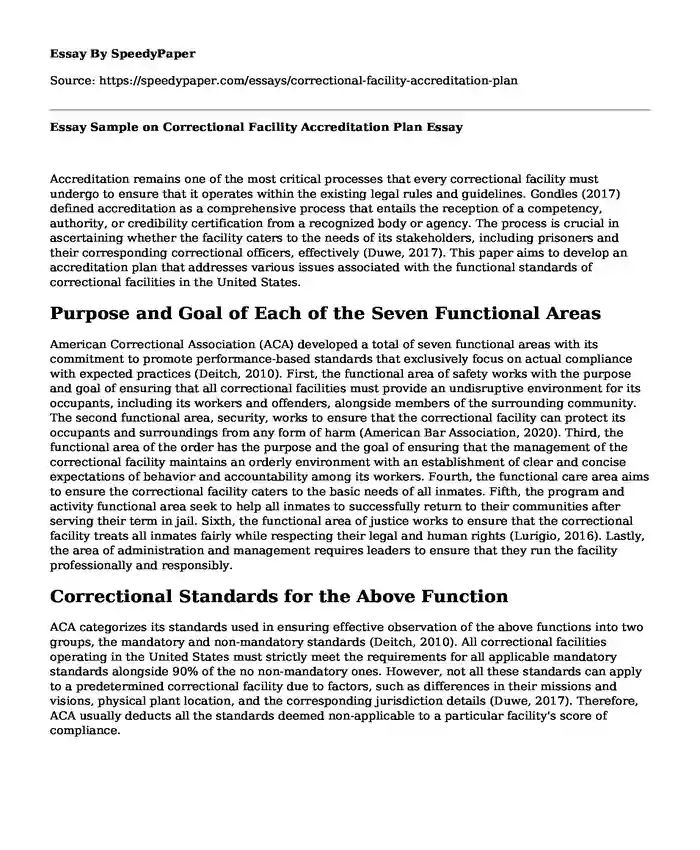 Essay Sample on Correctional Facility Accreditation Plan
