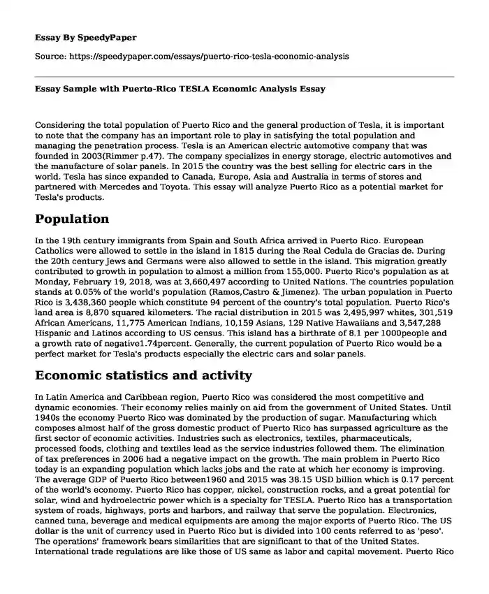 Essay Sample with Puerto-Rico TESLA Economic Analysis