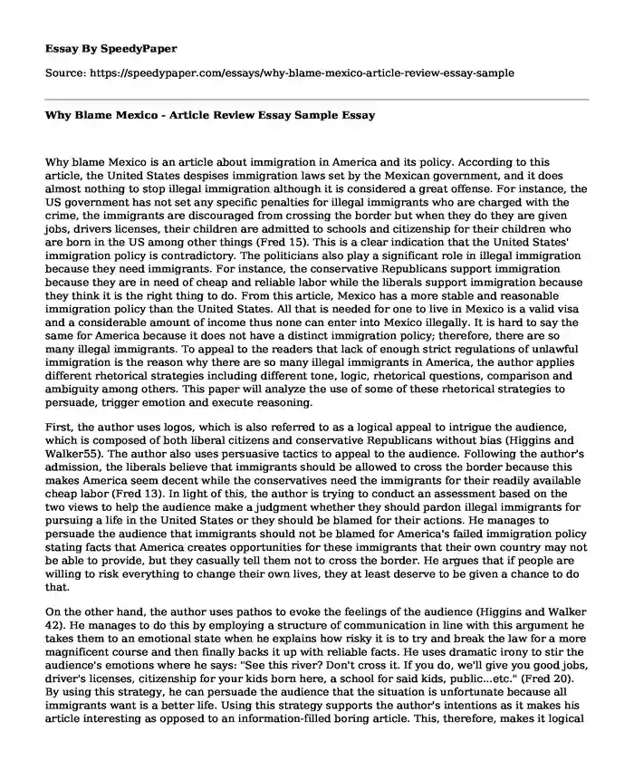 Why Blame Mexico - Article Review Essay Sample
