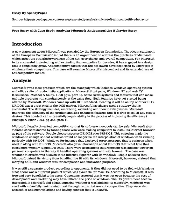 Free Essay with Case Study Analysis: Microsoft Anticompetitive Behavior