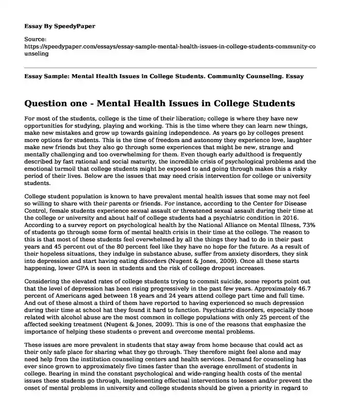 Essay Sample: Mental Health Issues in College Students. Community Counseling.