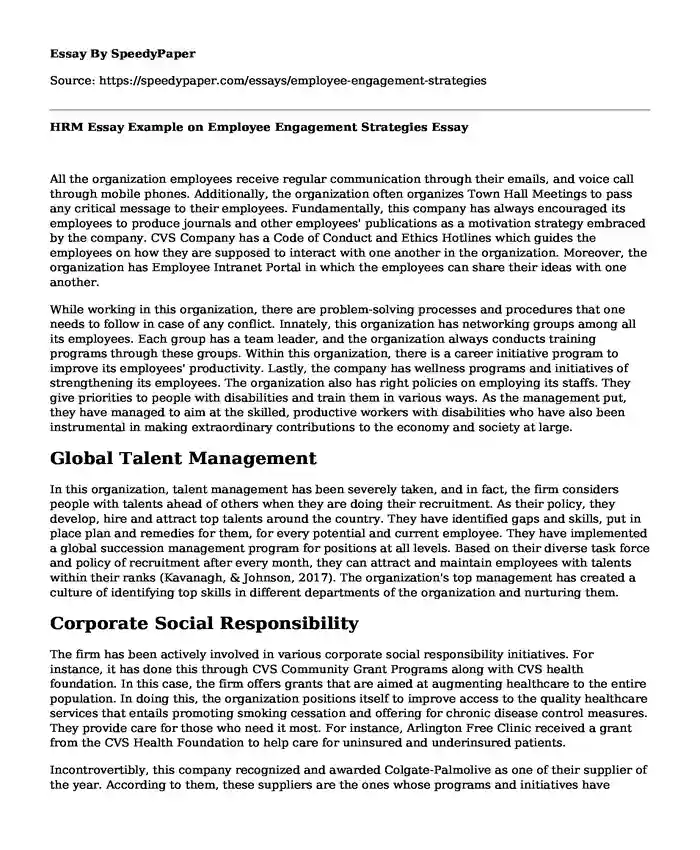 HRM Essay Example on Employee Engagement Strategies