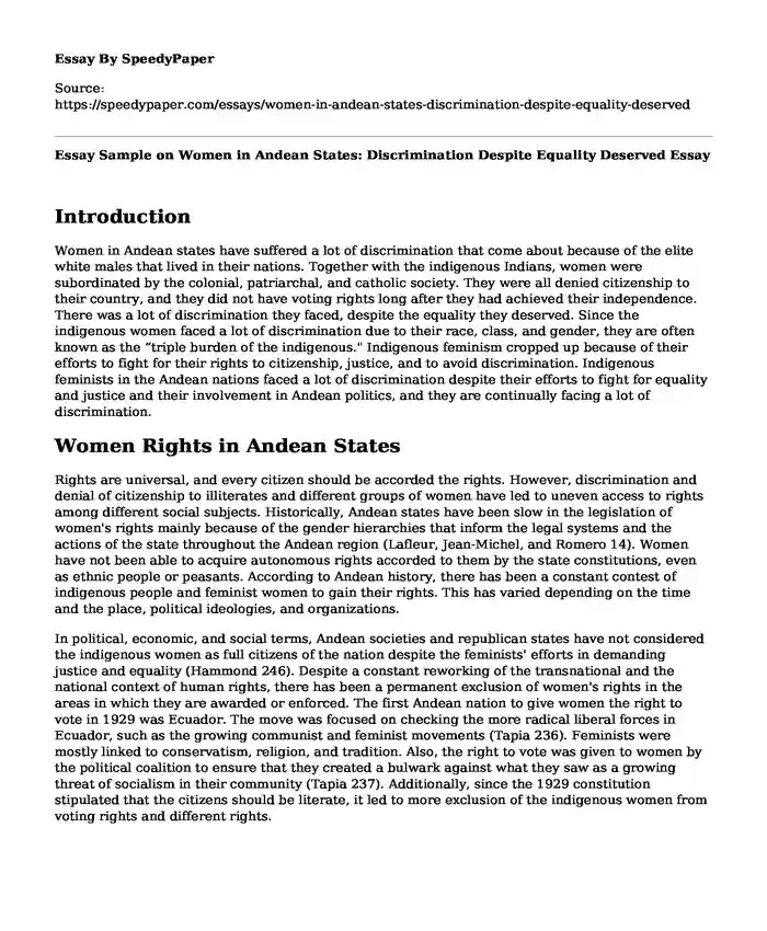 Essay Sample on Women in Andean States: Discrimination Despite Equality Deserved