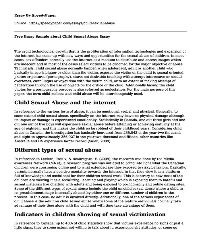 Free Essay Sample about Child Sexual Abuse