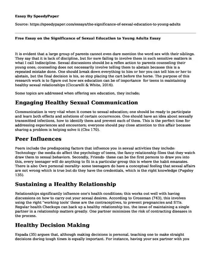 Free Essay on the Significance of Sexual Education to Young Adults