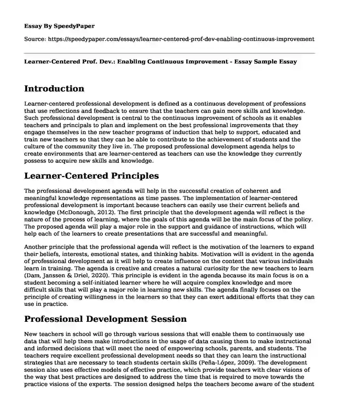 Learner-Centered Prof. Dev.: Enabling Continuous Improvement - Essay Sample