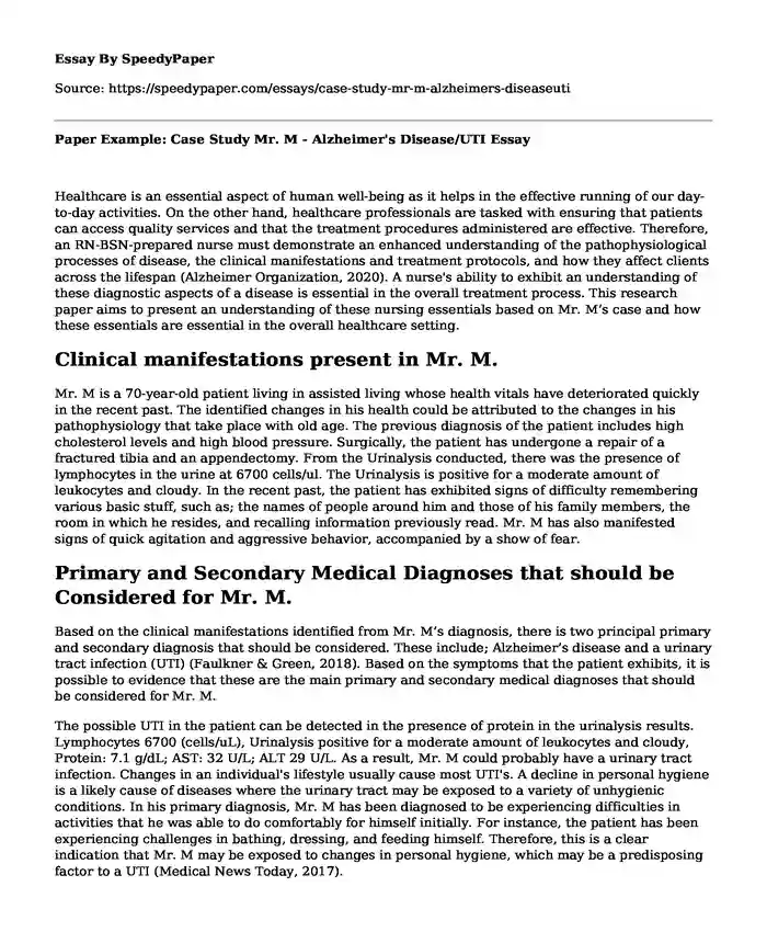 Paper Example: Case Study Mr. M - Alzheimer's Disease/UTI