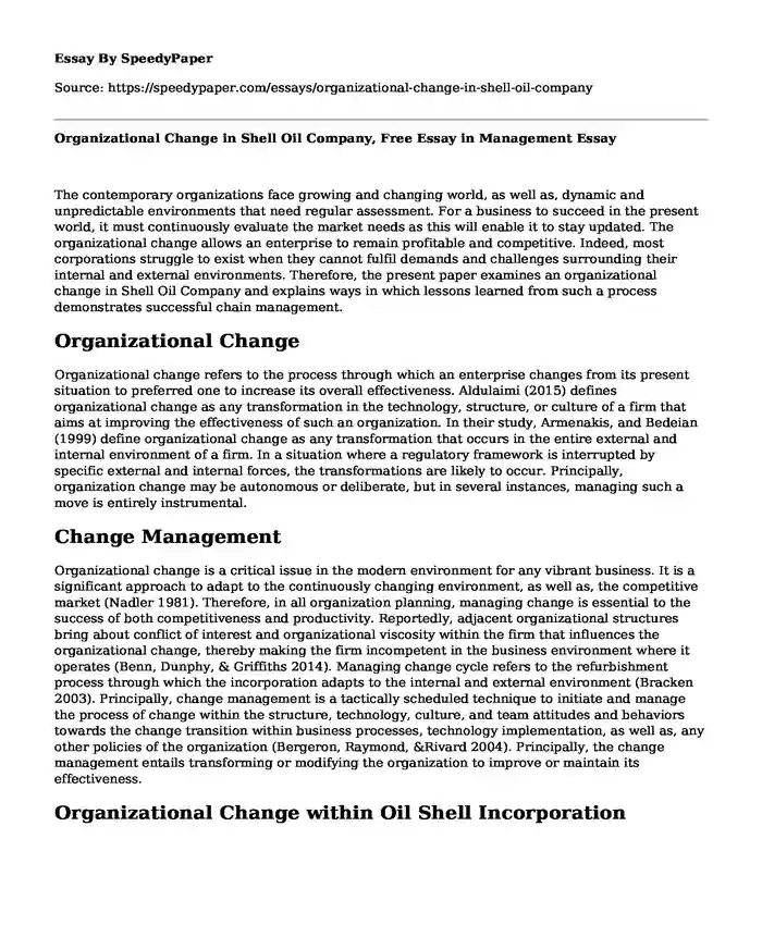 Organizational Change in Shell Oil Company, Free Essay in Management