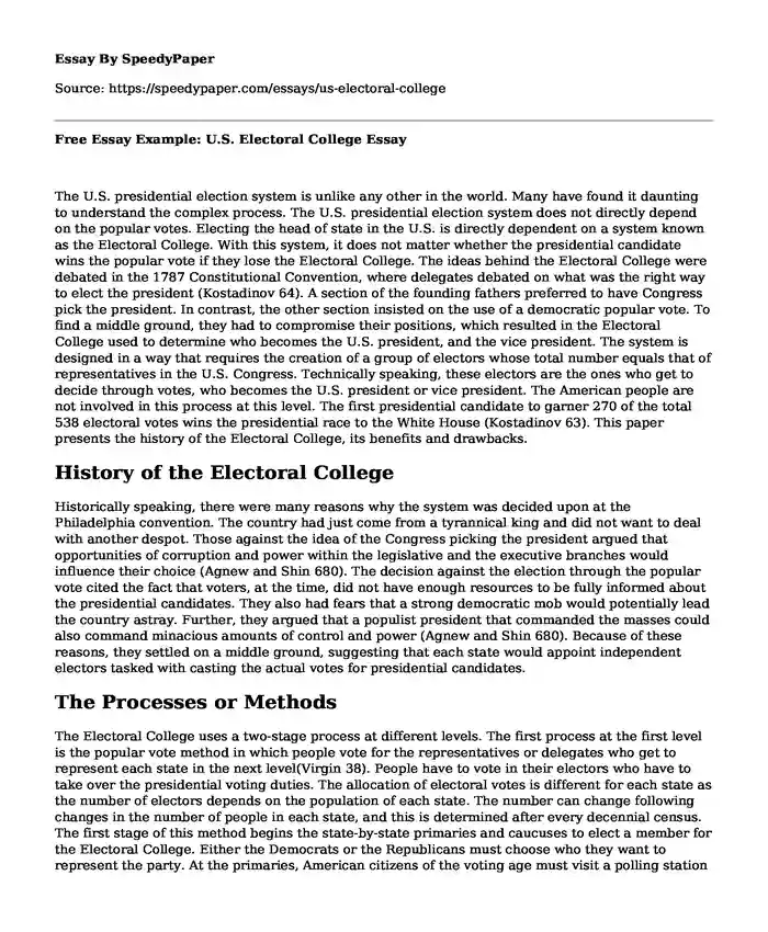Free Essay Example: U.S. Electoral College