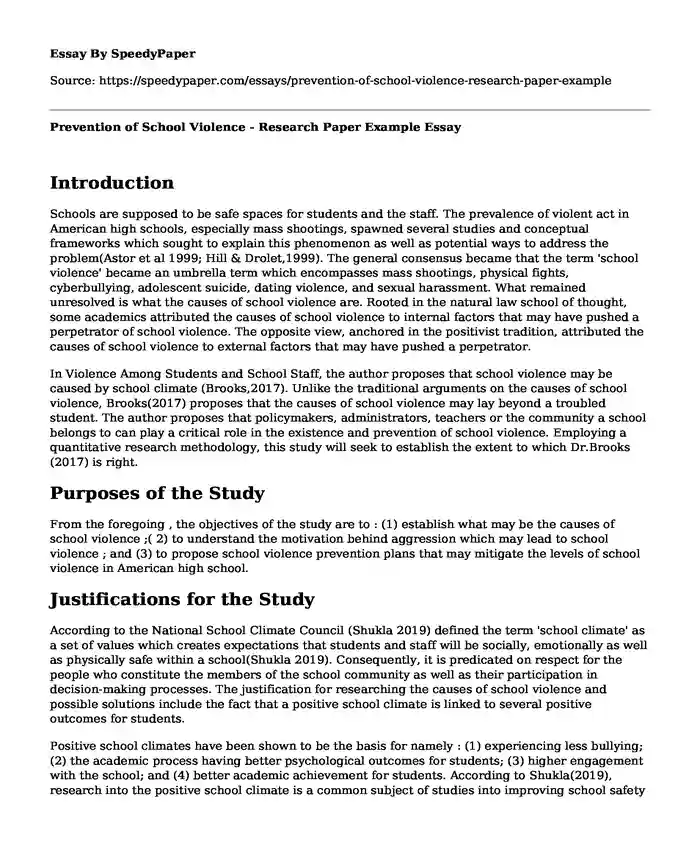 Prevention of School Violence - Research Paper Example