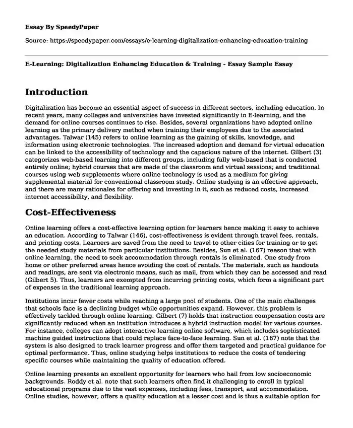 E-Learning: Digitalization Enhancing Education & Training - Essay Sample