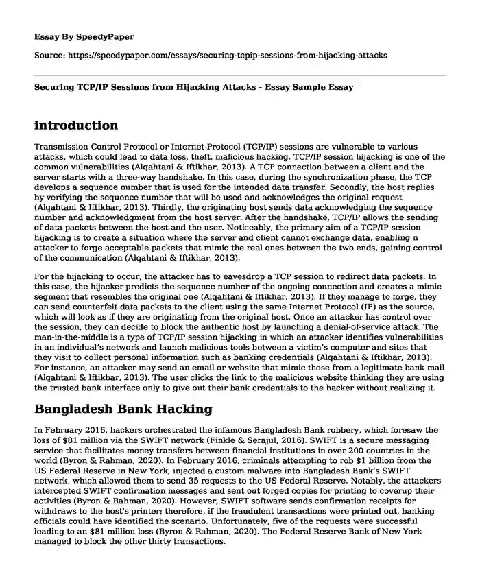 Securing TCP/IP Sessions from Hijacking Attacks - Essay Sample