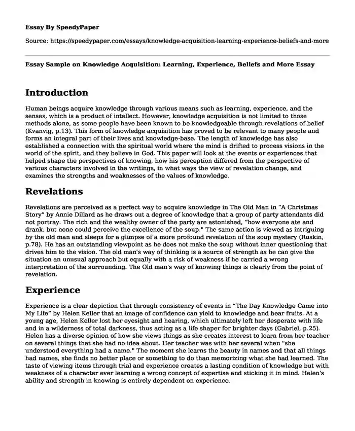 Essay Sample on Knowledge Acquisition: Learning, Experience, Beliefs and More