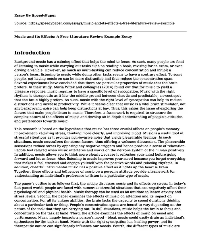 Music and Its Effects: A Free Literature Review Example