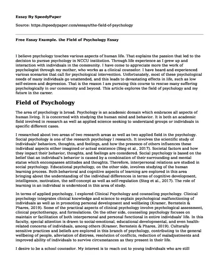 Free Essay Example. the Field of Psychology