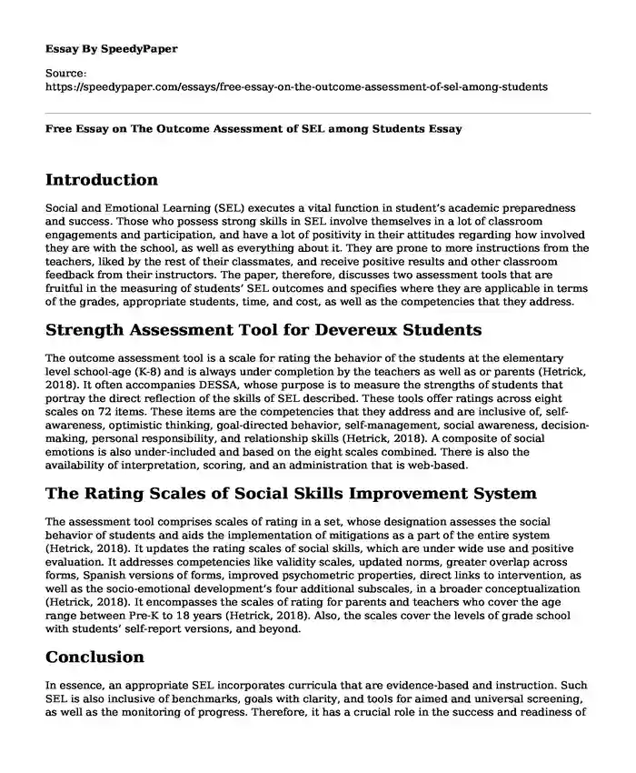 Free Essay on The Outcome Assessment of SEL among Students