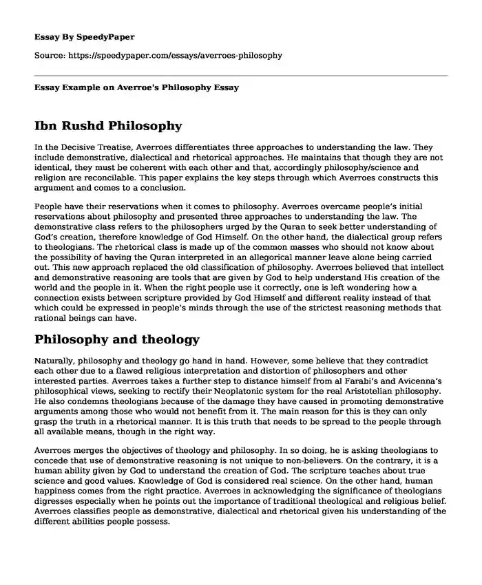 Essay Example on Averroe's Philosophy