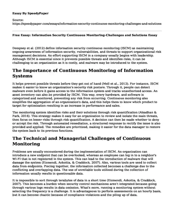 Free Essay: Information Security Continuous Monitoring-Challenges and Solutions