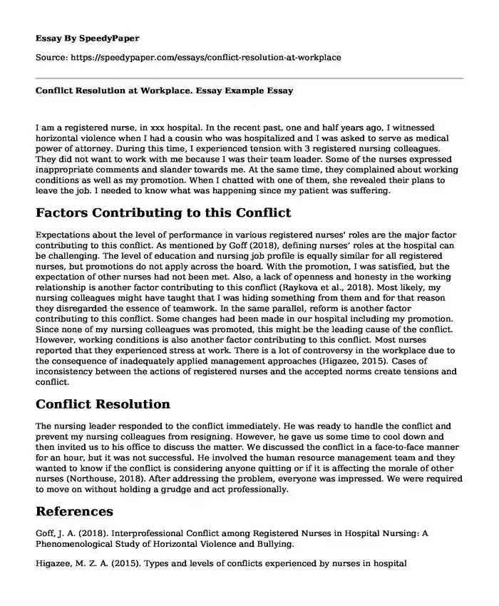 Conflict Resolution at Workplace. Essay Example