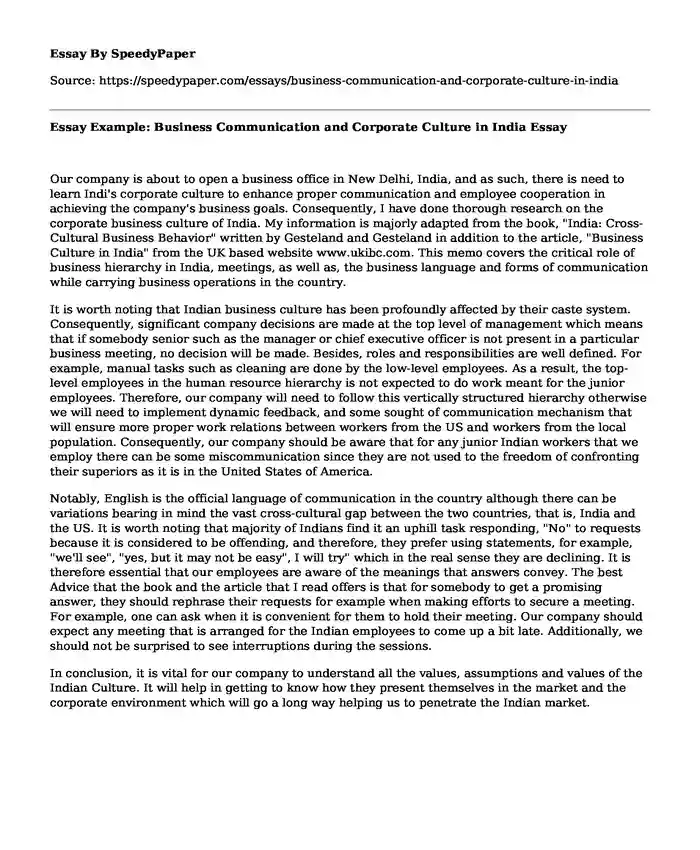 Essay Example: Business Communication and Corporate Culture in India