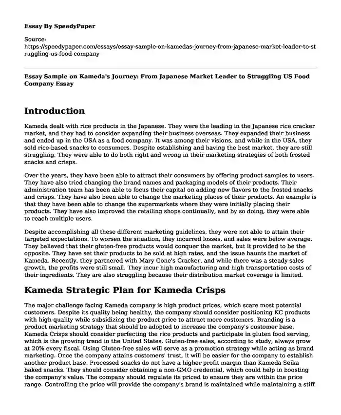 Essay Sample on Kameda's Journey: From Japanese Market Leader to Struggling US Food Company