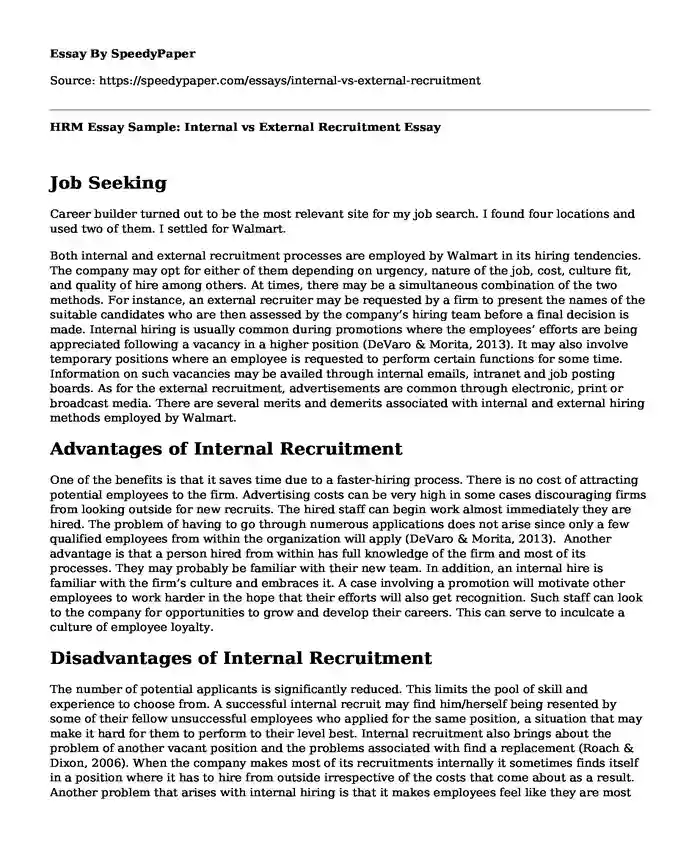 HRM Essay Sample: Internal vs External Recruitment