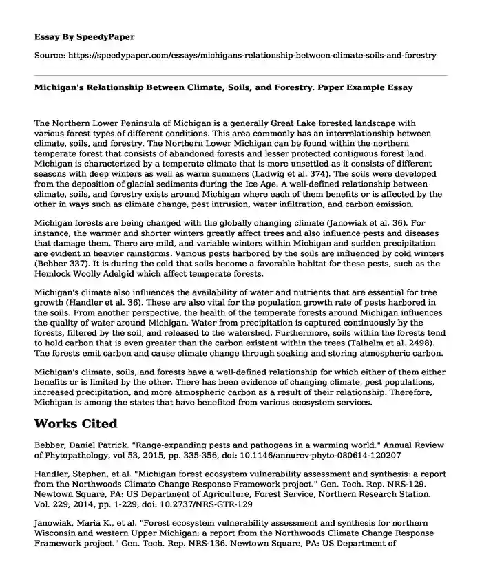 Michigan's Relationship Between Climate, Soils, and Forestry. Paper Example