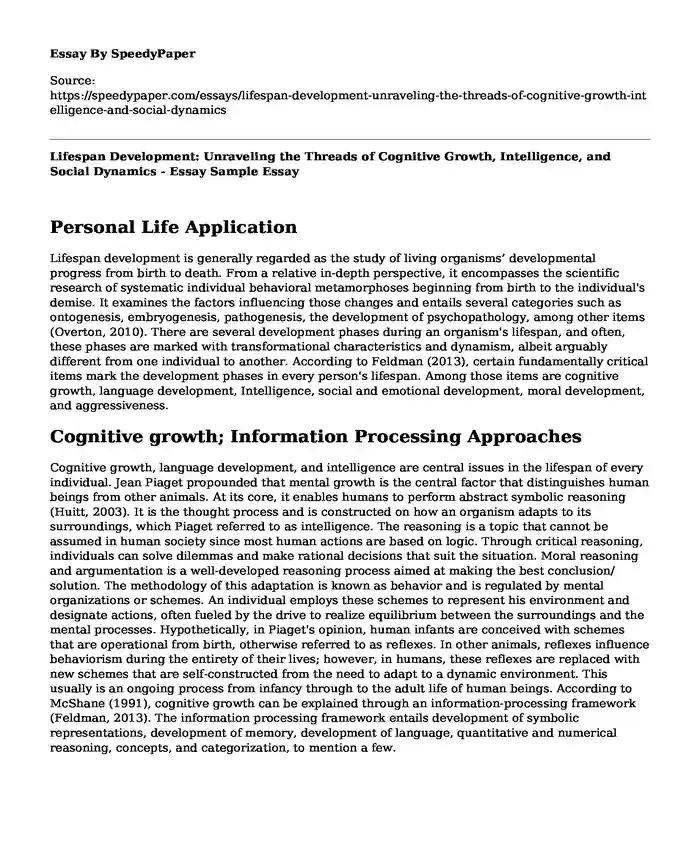 Lifespan Development: Unraveling the Threads of Cognitive Growth, Intelligence, and Social Dynamics - Essay Sample
