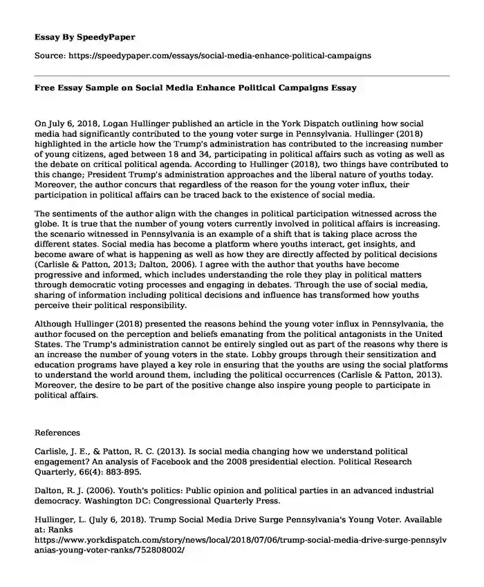Free Essay Sample on Social Media Enhance Political Campaigns