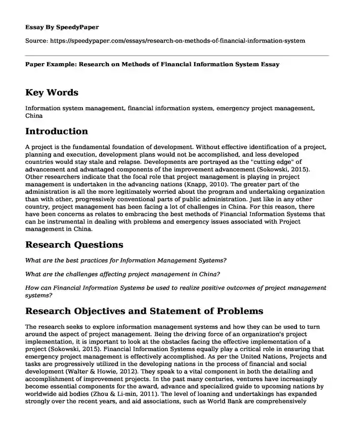 Paper Example: Research on Methods of Financial Information System