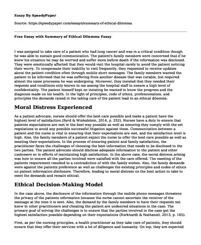 Free Essay with Summary of Ethical Dilemma