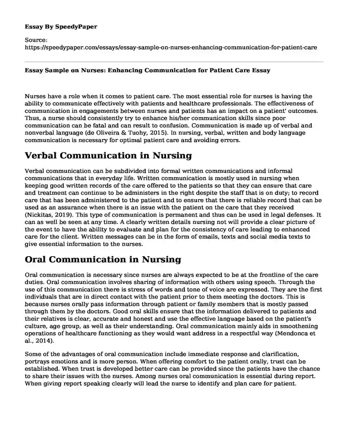 Essay Sample on Nurses: Enhancing Communication for Patient Care