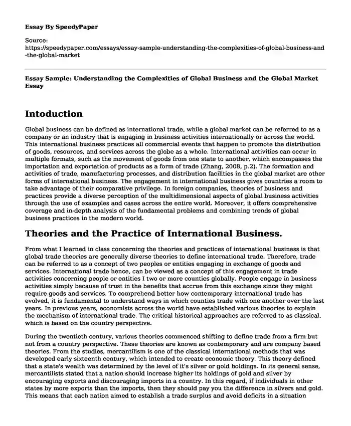 Essay Sample: Understanding the Complexities of Global Business and the Global Market