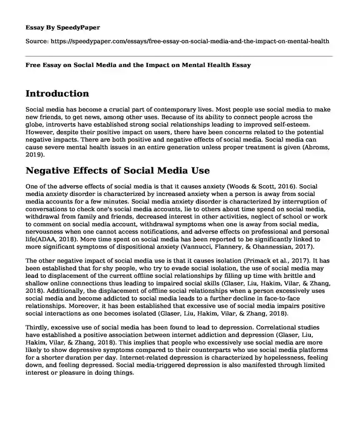 Free Essay on Social Media and the Impact on Mental Health