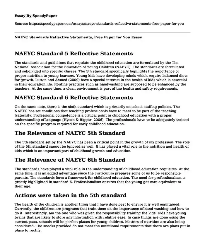 NAEYC Standards Reflective Statements, Free Paper for You