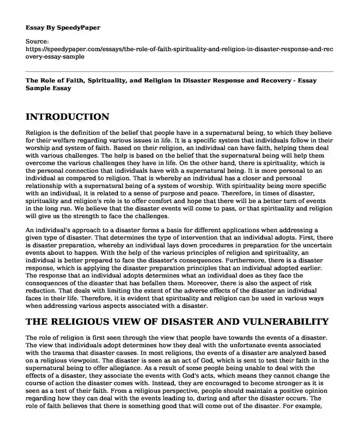 The Role of Faith, Spirituality, and Religion in Disaster Response and Recovery - Essay Sample