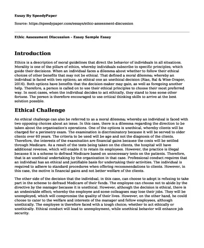 Ethic Assessment Discussion - Essay Sample