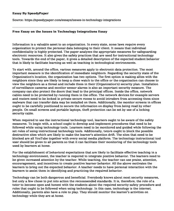 Free Essay on the Issues in Technology Integrations
