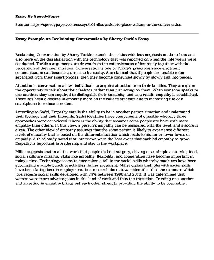 Essay Example on Reclaiming Conversation by Sherry Turkle