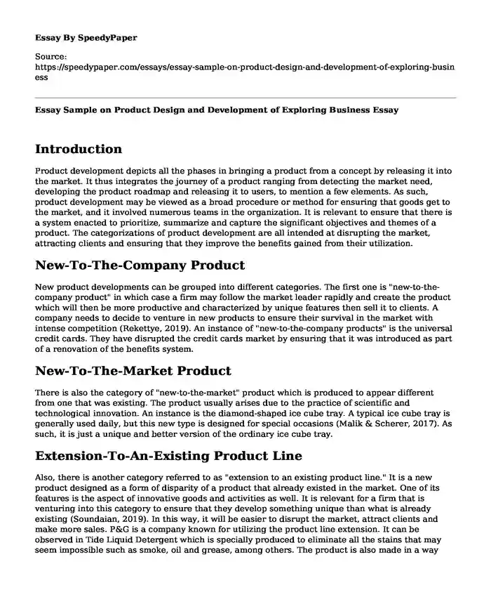 Essay Sample on Product Design and Development of Exploring Business