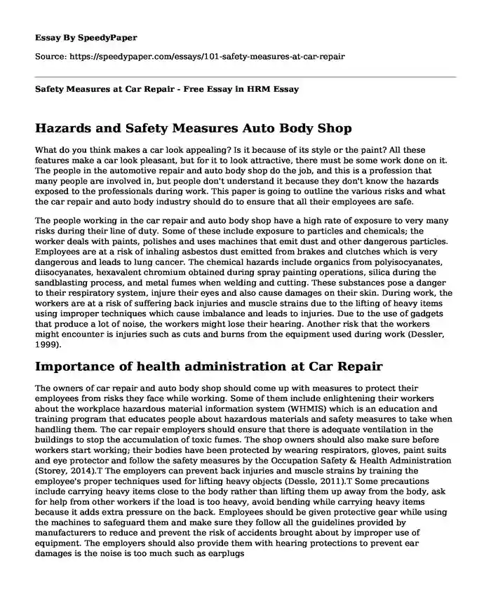 Safety Measures at Car Repair - Free Essay in HRM