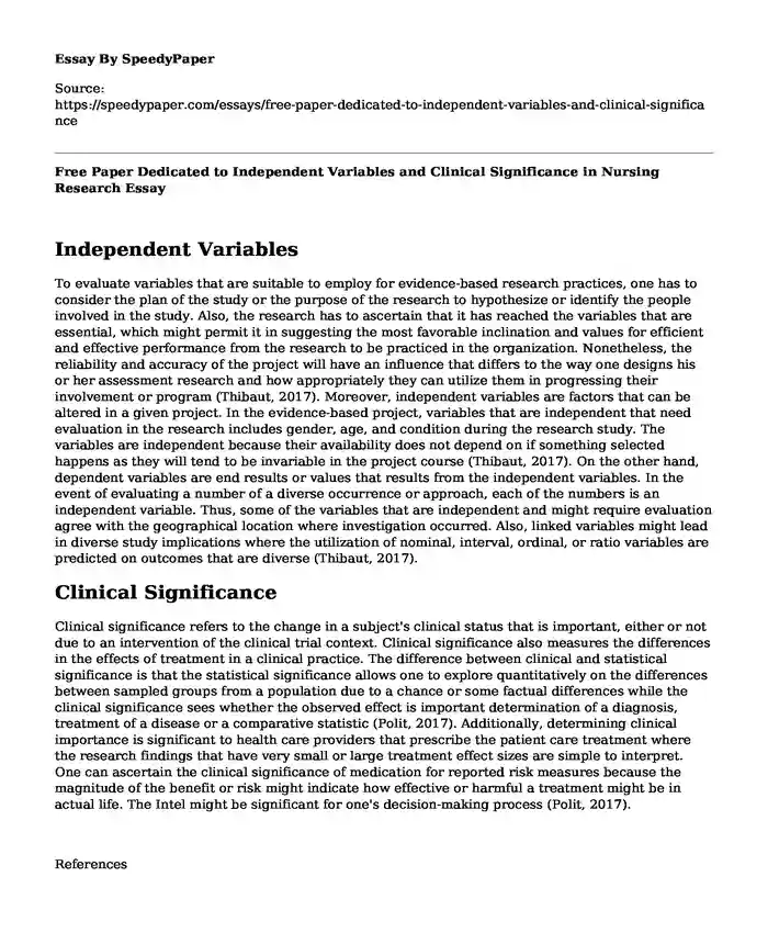 Free Paper Dedicated to Independent Variables and Clinical Significance in Nursing Research