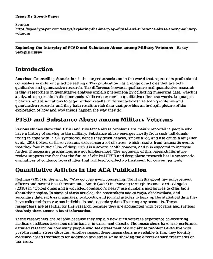 Exploring the Interplay of PTSD and Substance Abuse among Military Veterans - Essay Sample