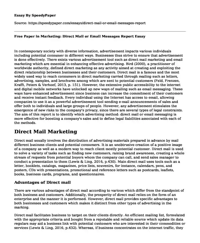 Free Paper in Marketing: Direct Mail or Email Messages Report