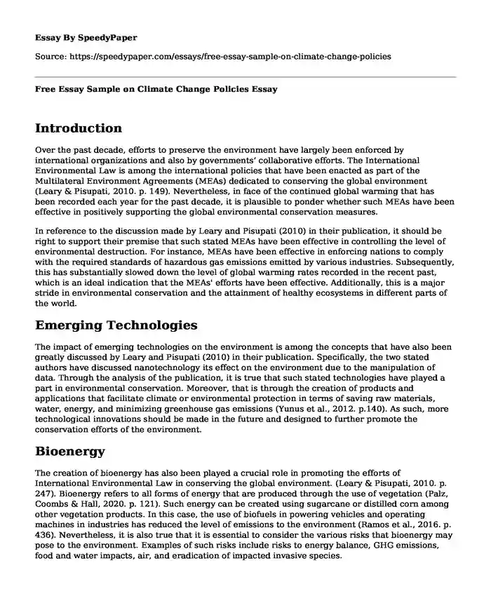 Free Essay Sample on Climate Change Policies