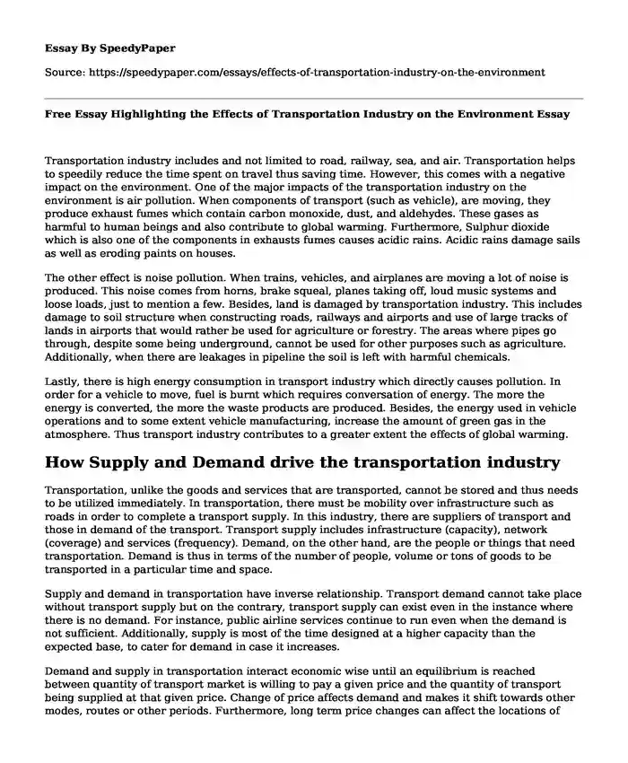 Free Essay Highlighting the Effects of Transportation Industry on the Environment